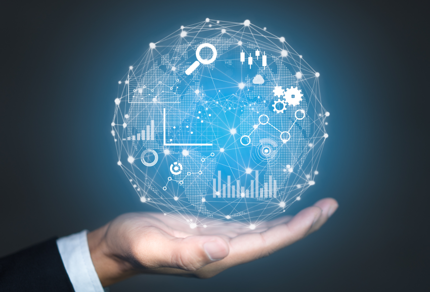 Man's hand holding simulated sphere of data